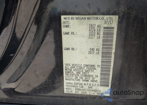 2017 Nissan Altima 2.5 Sr z USA, uszkodzony, nr VIN 1N4AL3AP1HC474323